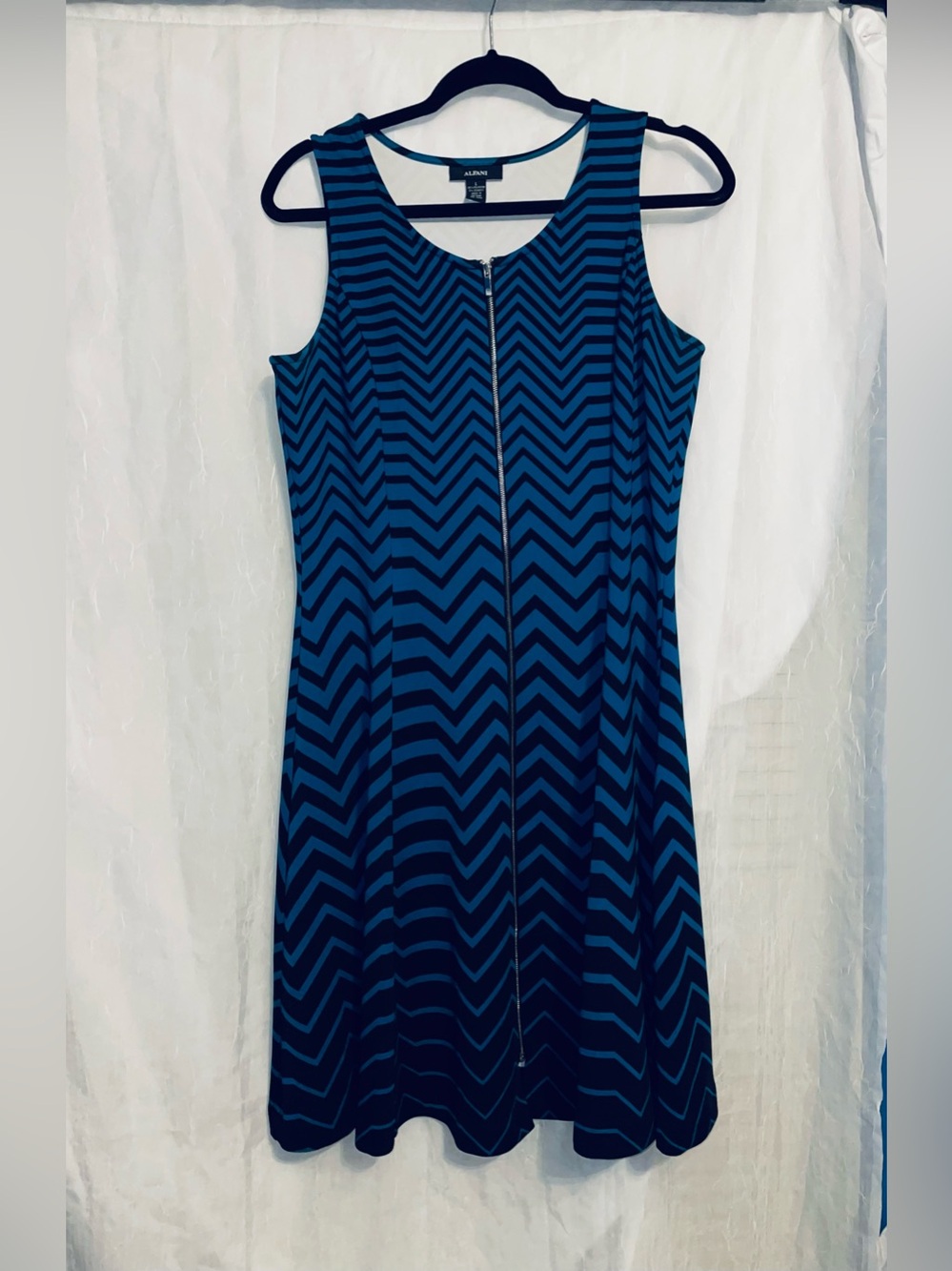 Alfani Blue & Black Chevron Zig Zag Front Zip Sleeveless Fit & Flare Dress L